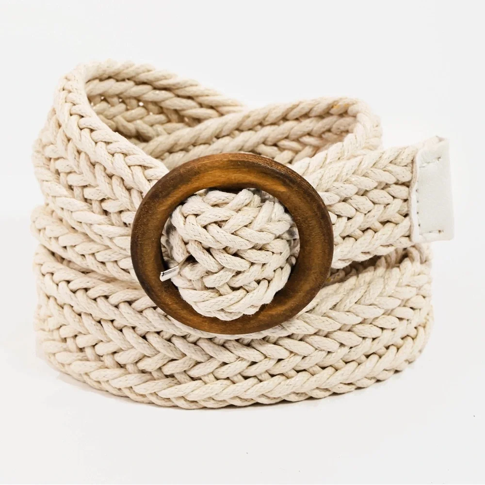 Wooden Circle Buckle Braided Belt 44” | Ivory, Black or Khaki